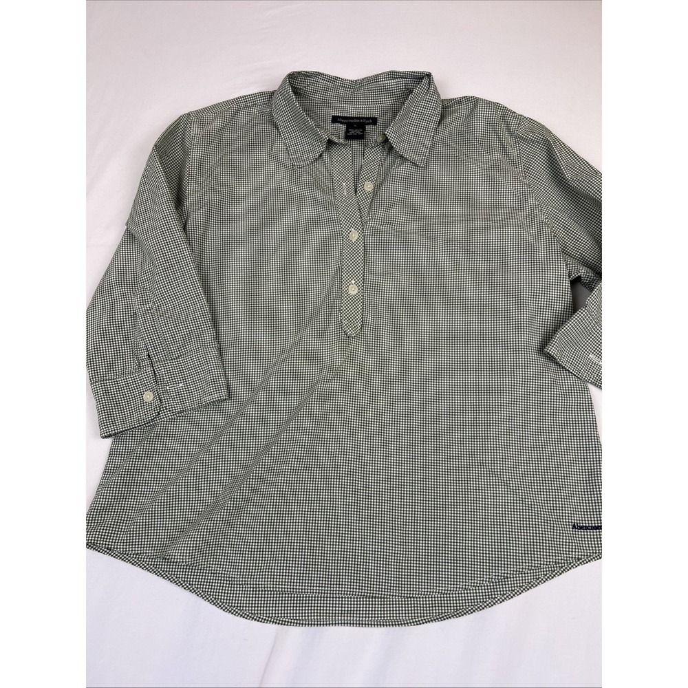 Abercrombie & Fitch Green Gingham 3/4 Sleeve Cotton Tunic Top Women Large L